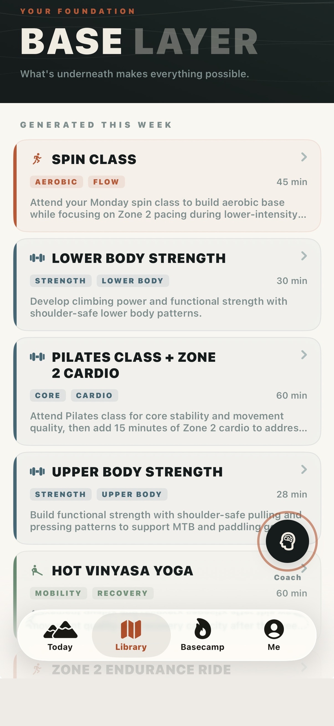 Weekly workout library with personalized sessions