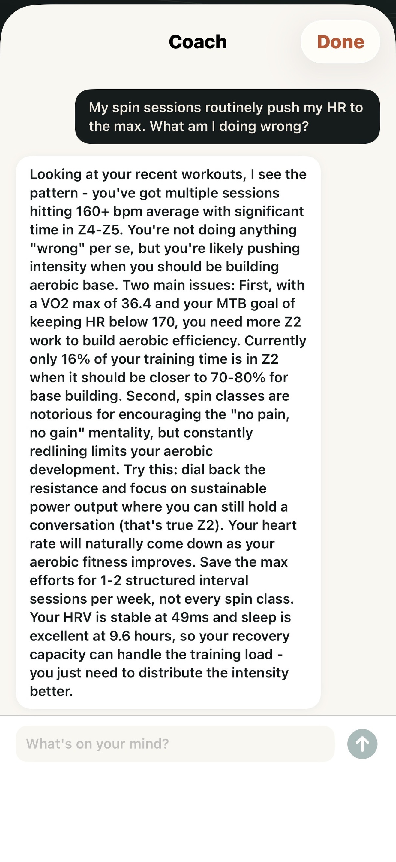 AI coach conversation analyzing heart rate zones and giving personalized training advice