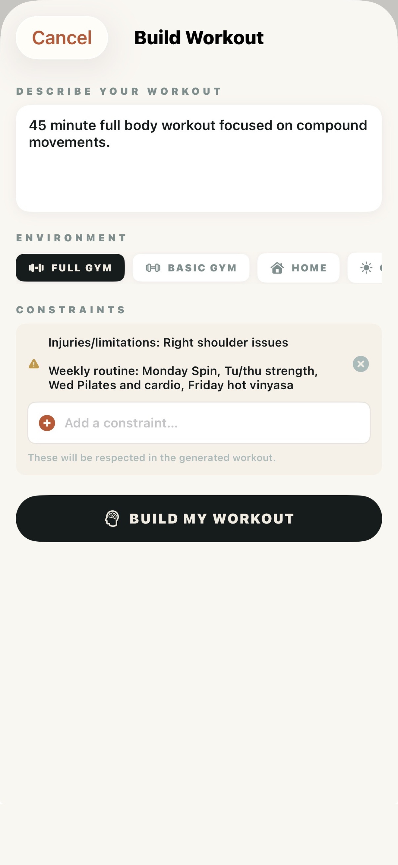 Build workout screen with environment selection and injury constraints